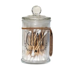 Rae Dunn CLEAN Cotton Swabs Jar Clear All Glass 50 Count With Rae Dunn. Gift Tag